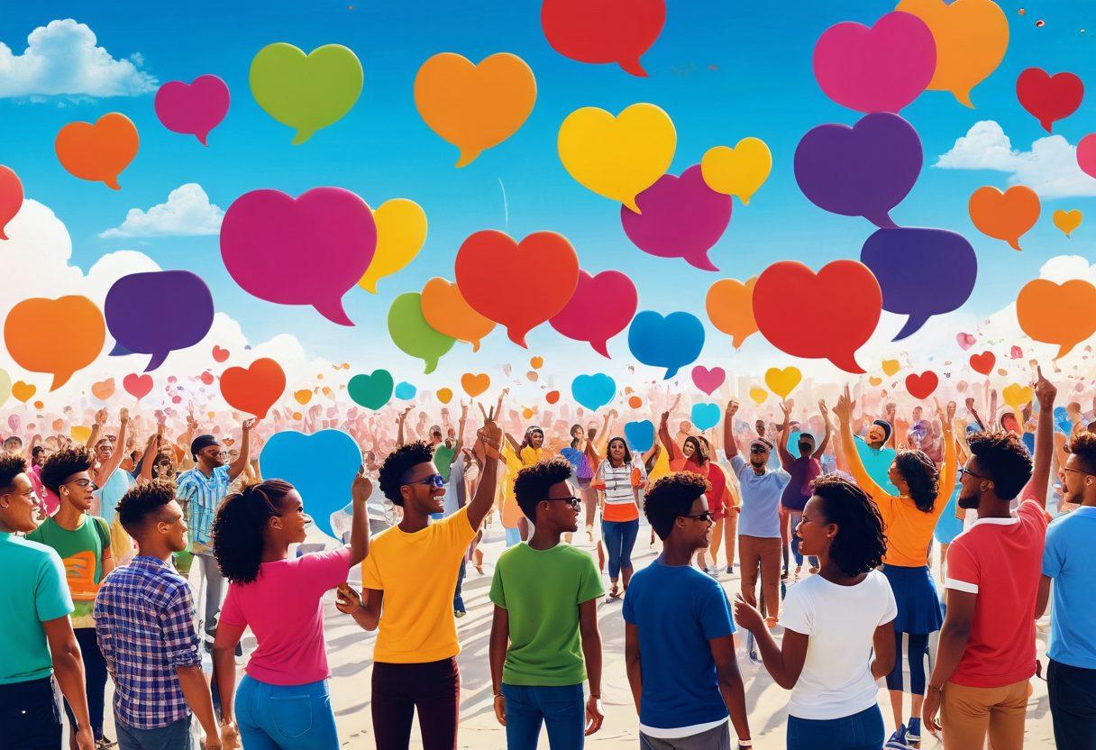 A lively digital landscape featuring diverse people connecting through various social media platforms, surrounded by colorful speech bubbles representing ideas and conversations. Highlight a sense of community with elements like hearts and thumbs-up icons, and a backdrop of a sunny sky to imply optimism and growth. Include vibrant colors and dynamic interactions among characters to emphasize engagement and connection. 3D. vibrant colors.