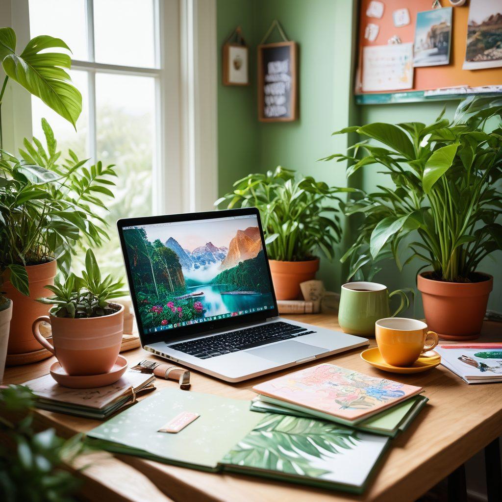 A whimsical workspace featuring an open laptop with a lifestyle blog on the screen, surrounded by colorful stationery, plants, and a steaming cup of coffee. Bright, inspiring artwork and motivational quotes in the background, symbolizing creativity and passion. Soft natural lighting fills the scene, creating a warm and inviting atmosphere. super-realistic. vibrant colors. soft focus.