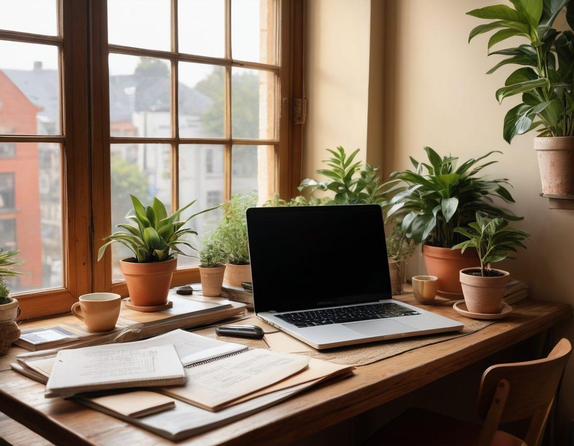 A serene workspace featuring a cozy desk with a laptop open to a blog editing screen, surrounded by potted plants, notebooks, and a steaming cup of tea. An inspiring wall of handwritten quotes and colorful mood boards in the background. Soft natural light filtering through a window, creating a warm atmosphere that invites creativity. super-realistic. vibrant colors.